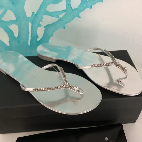 Giuseppe Zanotti NEW Silver Leather Crystal Embellished Thong Sandals Shoes 37